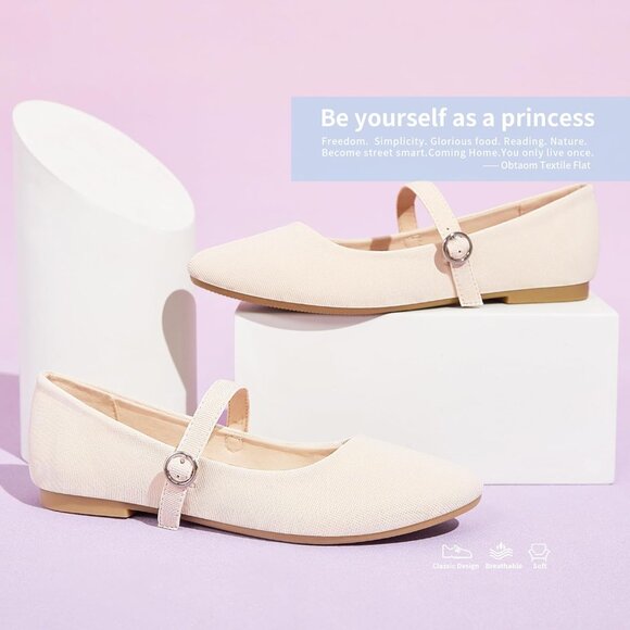 Obtaom Women Beige Polyester Round Toe Comfortable Classic Strap Ballet Flat - Picture 5 of 6